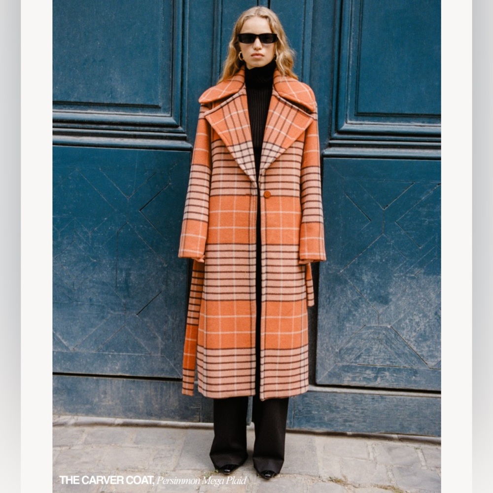 NWT STAUD Double Breasted Carver Coat Persimmon Mega Plaid Large